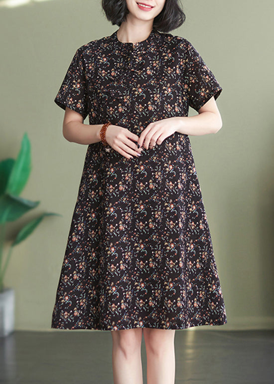 Slim Fit Coffee Stand Collar Print A Line Dresses Short Sleeve