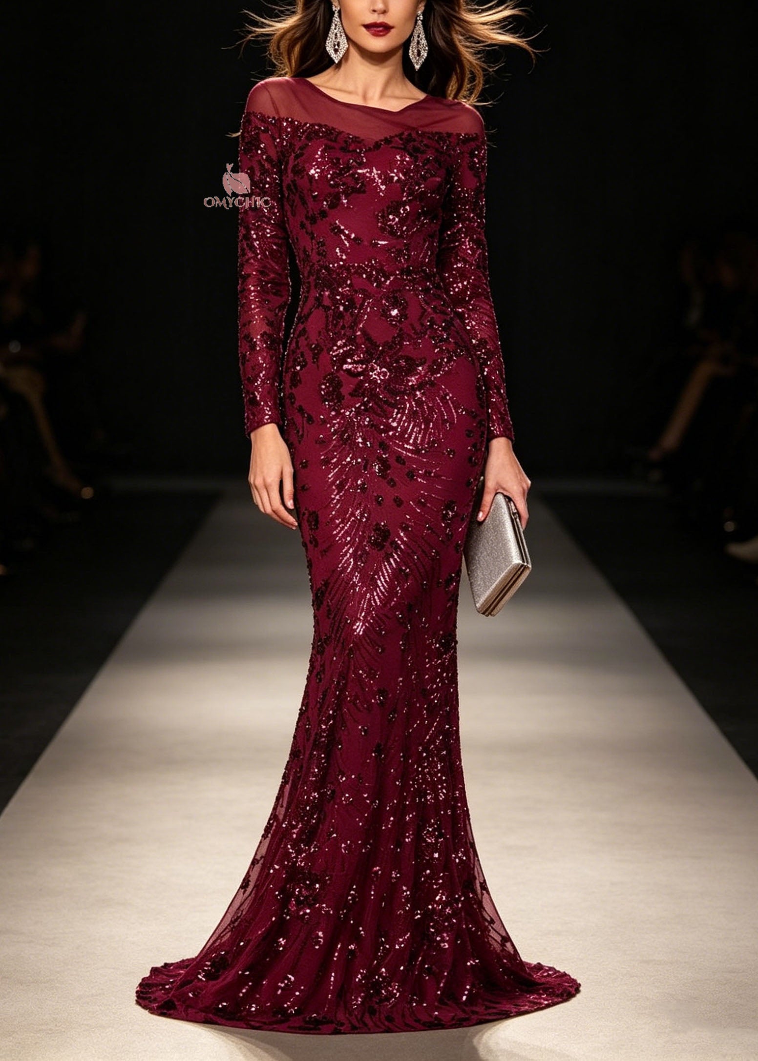 Slim Fit Mulberry O Neck Sequins Maxi Dresses Long Sleeve