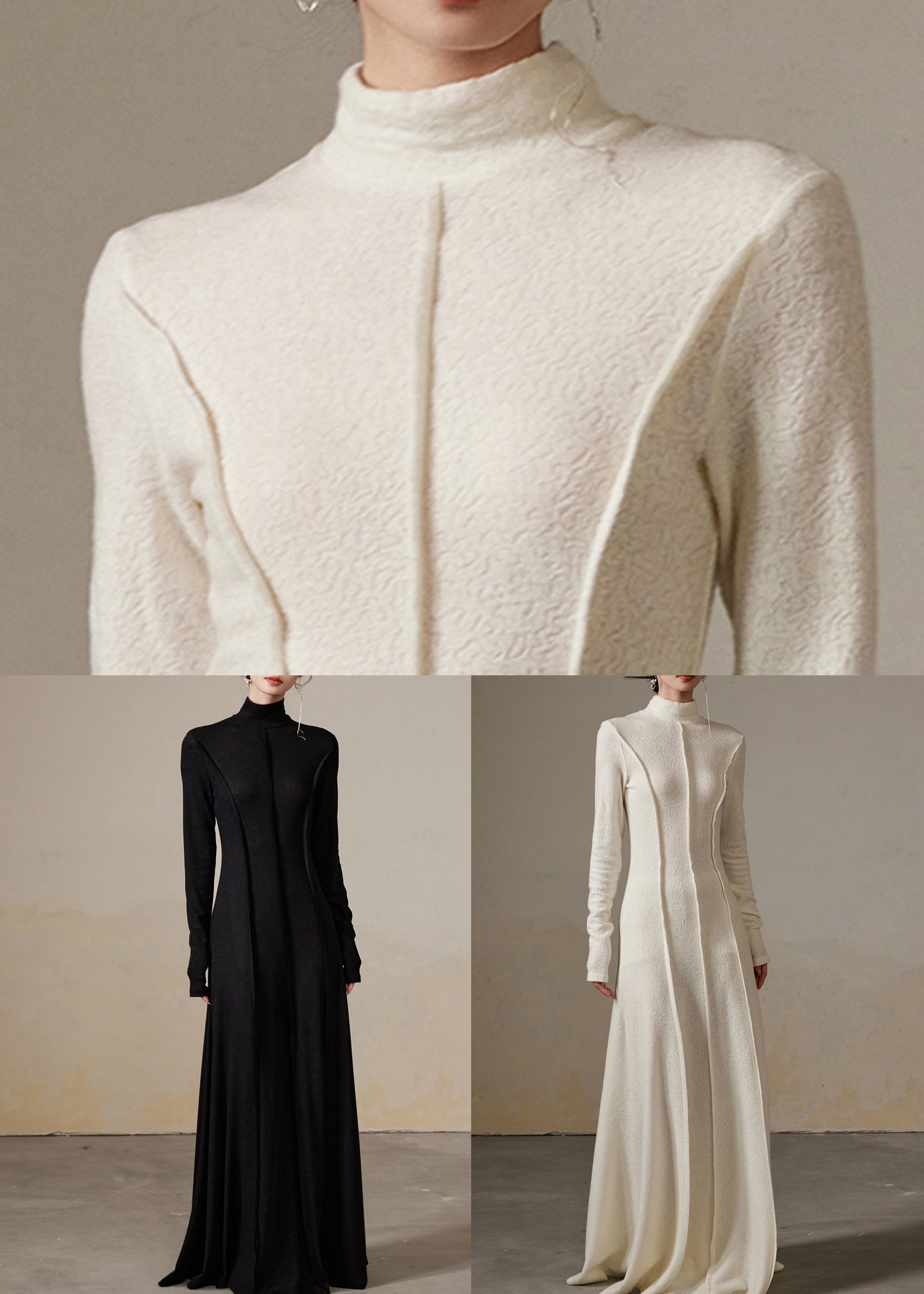 Slim Fit White Turtleneck High Waist Cotton Long Dress Winter