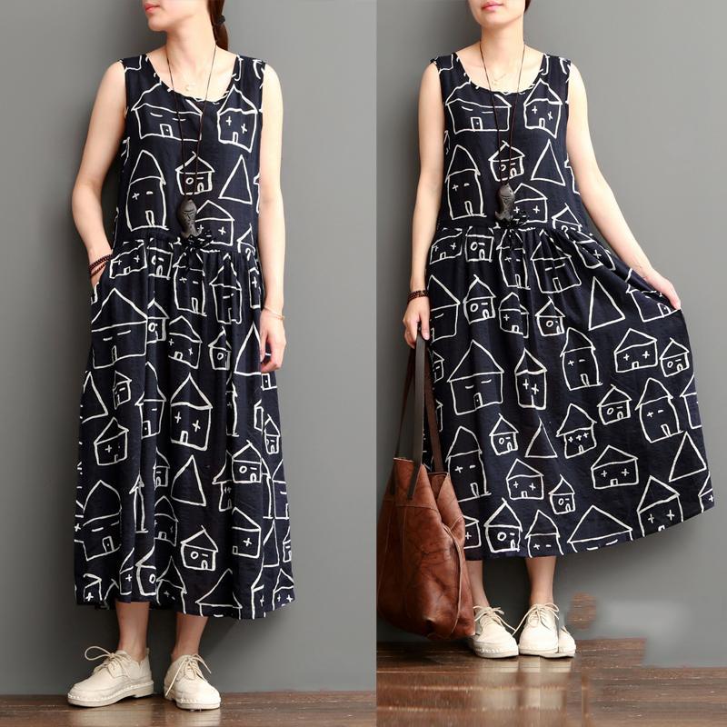 Smiling house black cotton sundresses plus size casual maxi dress sleeveless