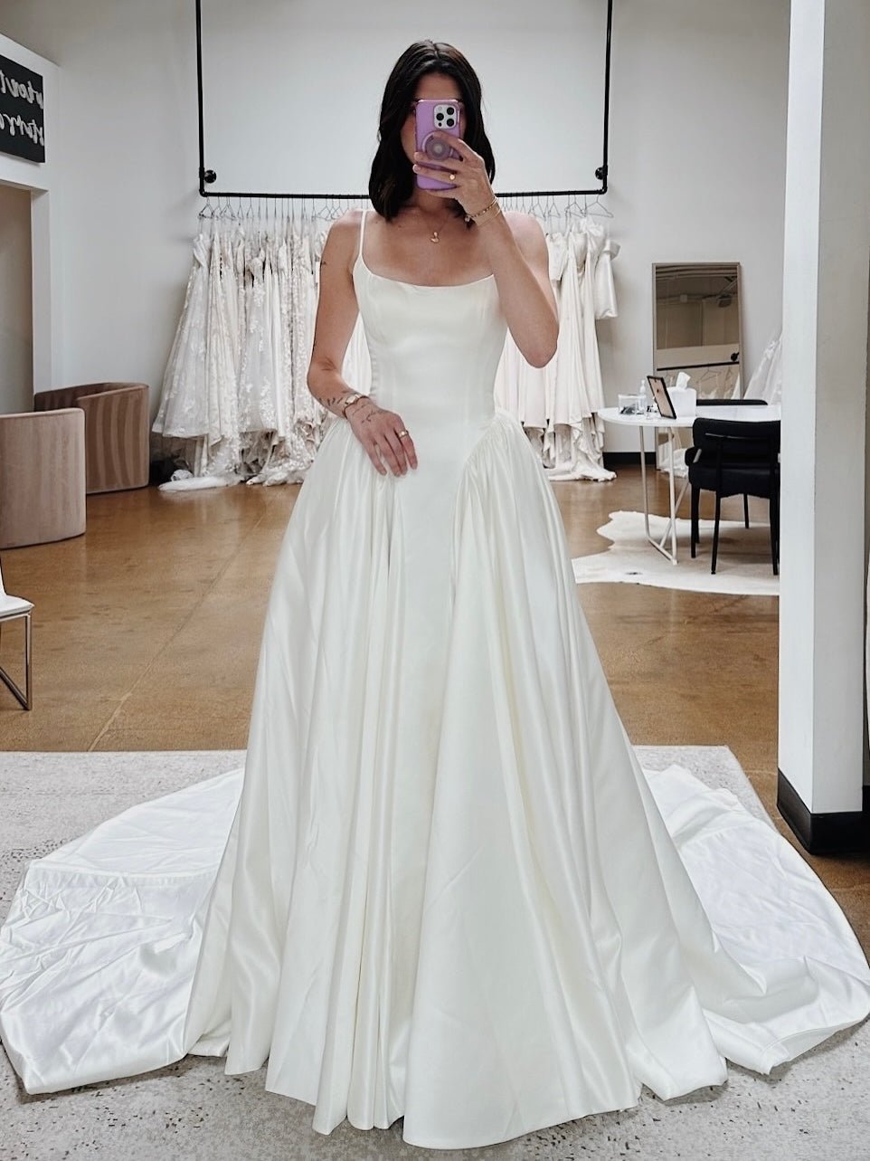 Elegant Scoop A-Line Spaghetti Straps Ballgown Satin Wedding Dress