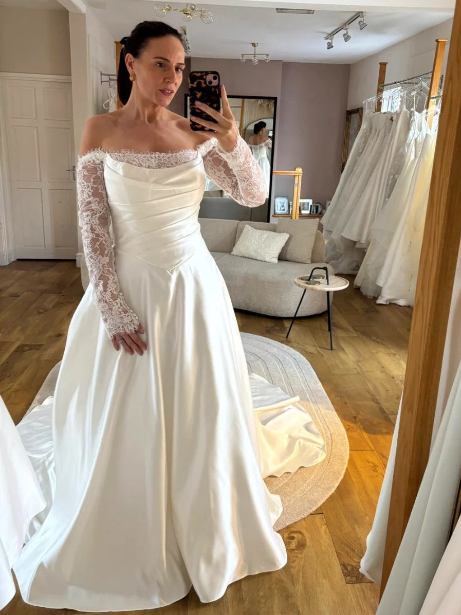 Long Lace Sleeves Off-the-Shoulder Satin A-Line Wedding Dress