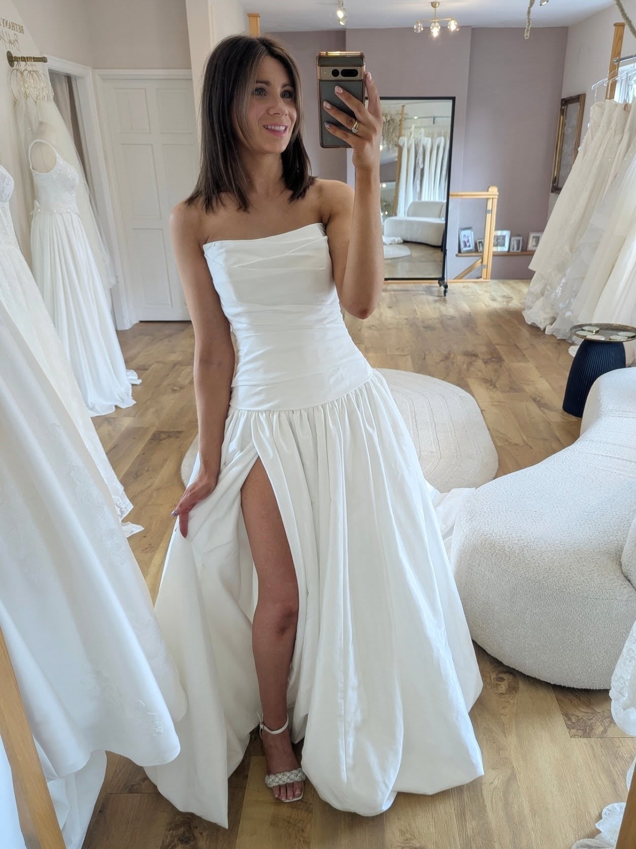 Strapless Ruched Bodice Wedding Dress Drop Waist A-Line Skirt High Side Slit Bridal Gown