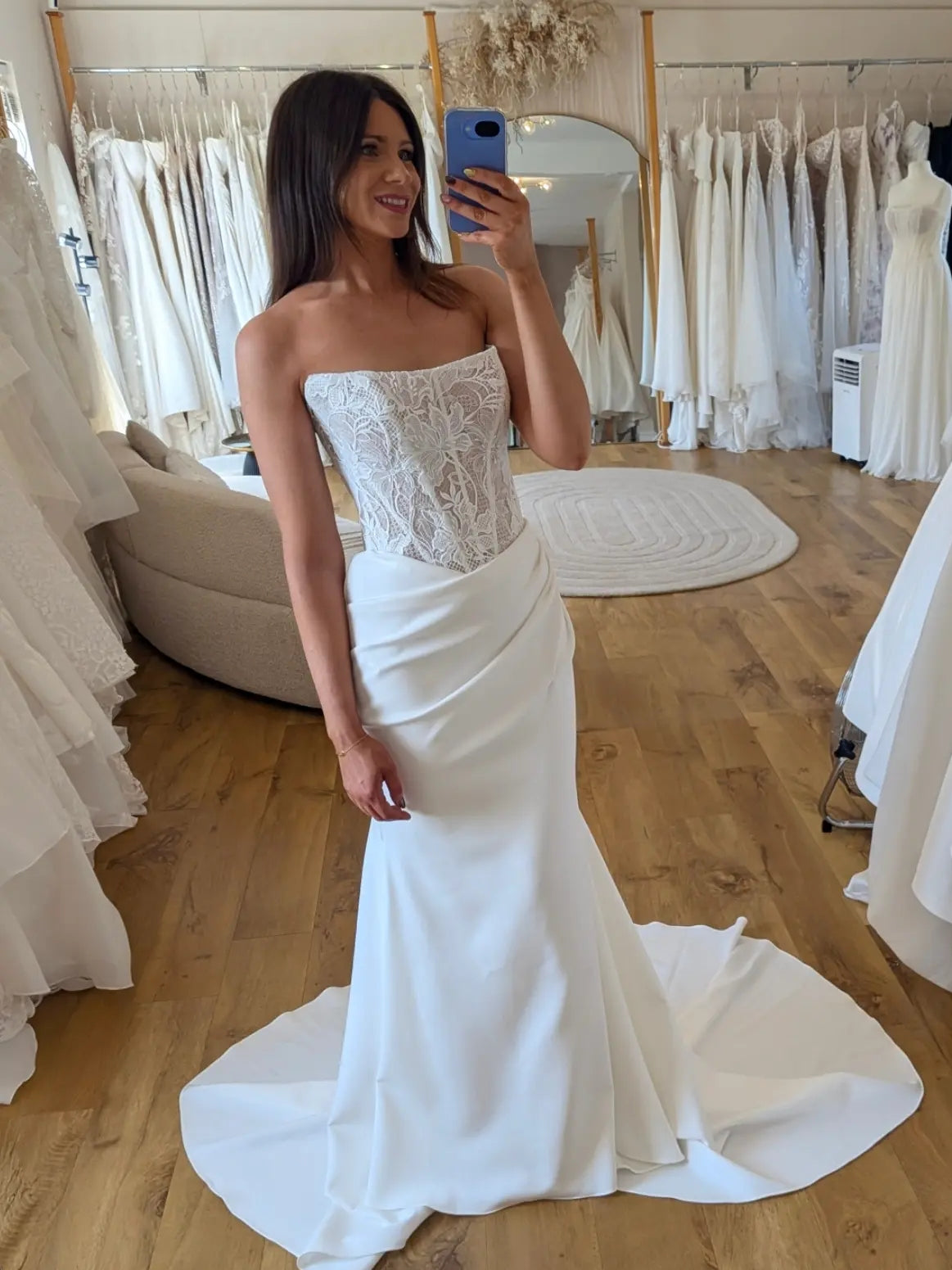 Strapless Floral Lace Corset Mermaid Satin Skirt Wedding Dress