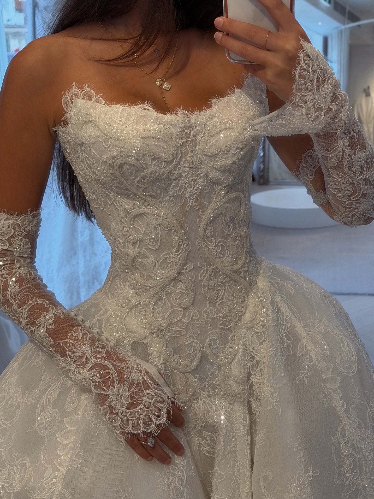 Strapless Ornate Glitter Lace 1/2 Sleeves Ballgown Wedding Dress