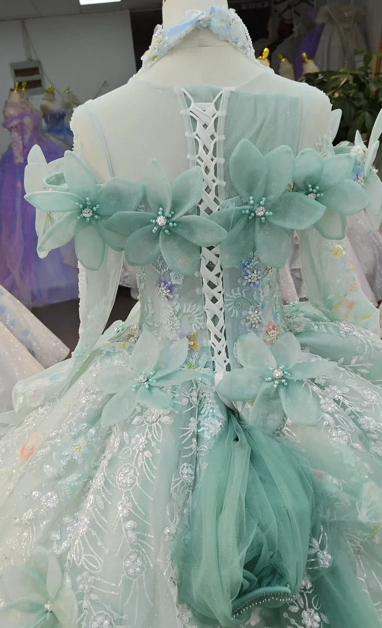 Fairy-Tale Mint Green High-Neck Ball Gown Wedding Dress with 3D Organza Flowers & Crystal Embroidery Ye-2025 (ZD16806)