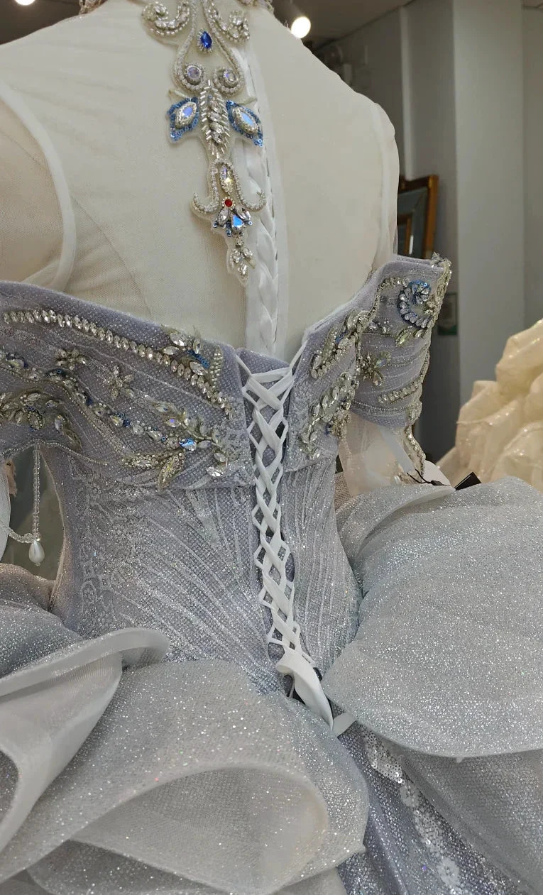 Regal Silver-Gray Off-the-Shoulder Ball Gown Wedding Dress with Crystal Collar, Beaded Embroidery & Tulle Train Ye-2032 (ZD16813)