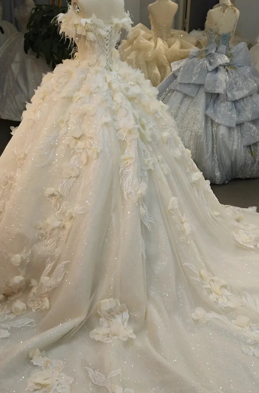 Ethereal Off-the-Shoulder Ball Gown Wedding Dress with 3D Floral Appliqués, Pearl Beading & Glitter Tulle Ye-2038 (ZD16830)