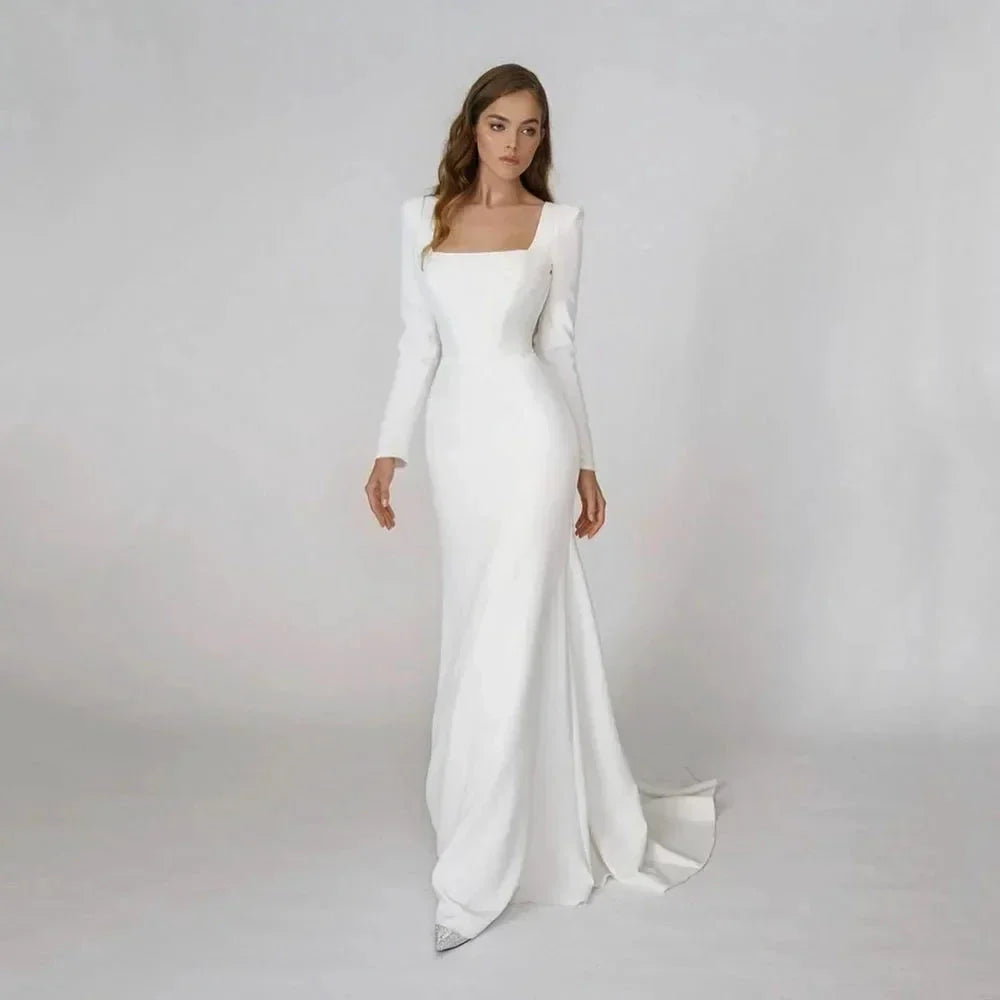 Elegant Satin Mermaid Wedding Dress Square Neck Long Sleeves Backless Party Bridal Dress Bride Dress Vestido De Noiva (ZD13511) - VelvetHem