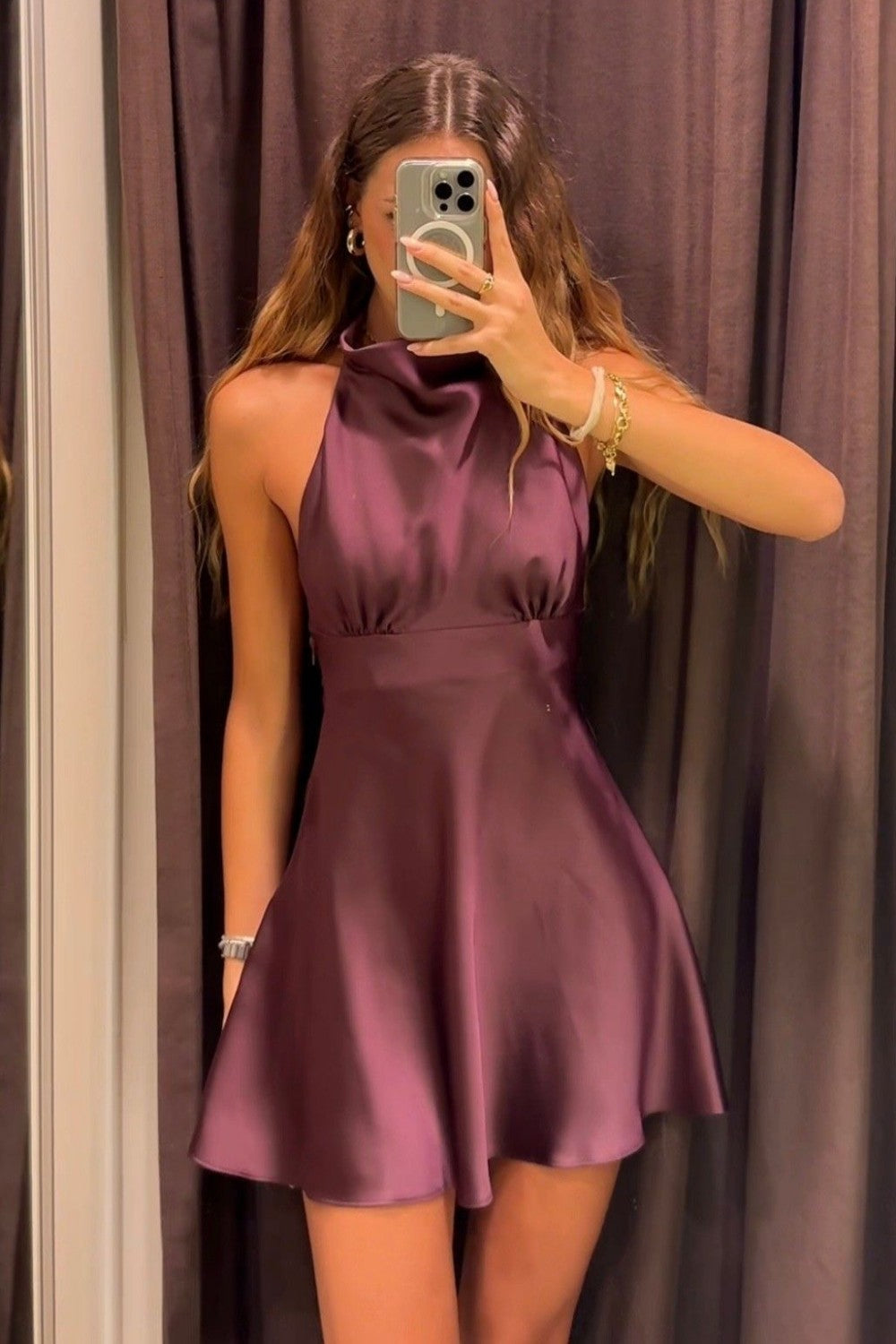 Soft Elegant Plum Satin Halter Neck A-Line Homecoming Mini Dress