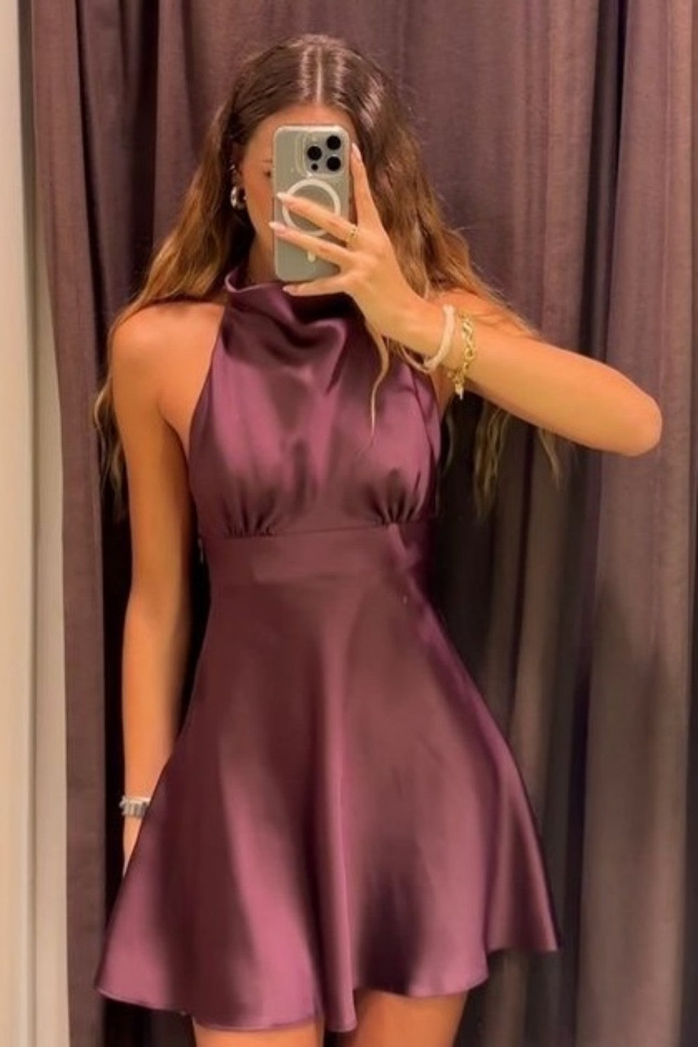 Soft Elegant Plum Satin Halter Neck A-Line Homecoming Mini Dress