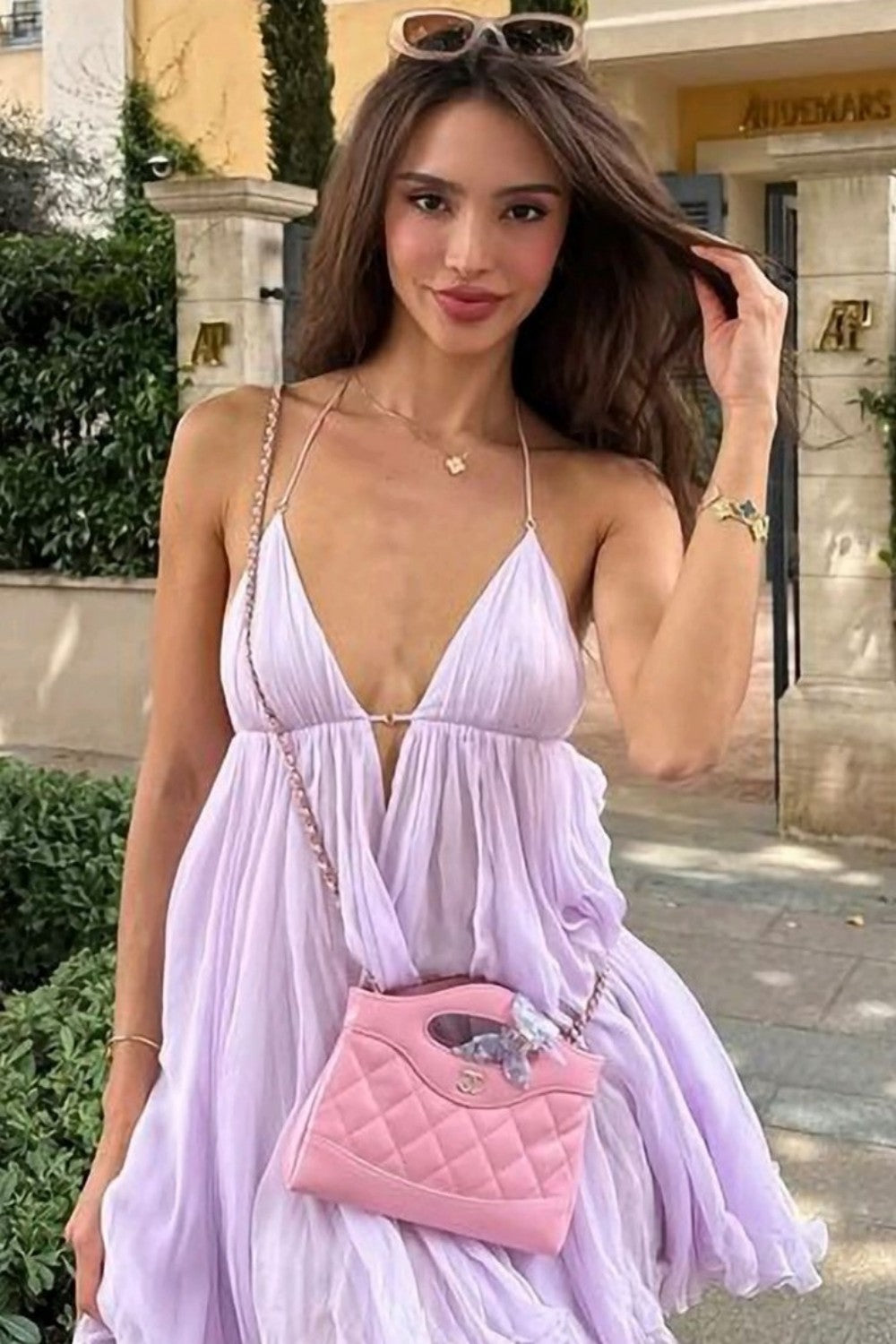 Soft Lilac Chiffon Deep V Mini Homecoming Dress Flowy Babydoll Party Dress