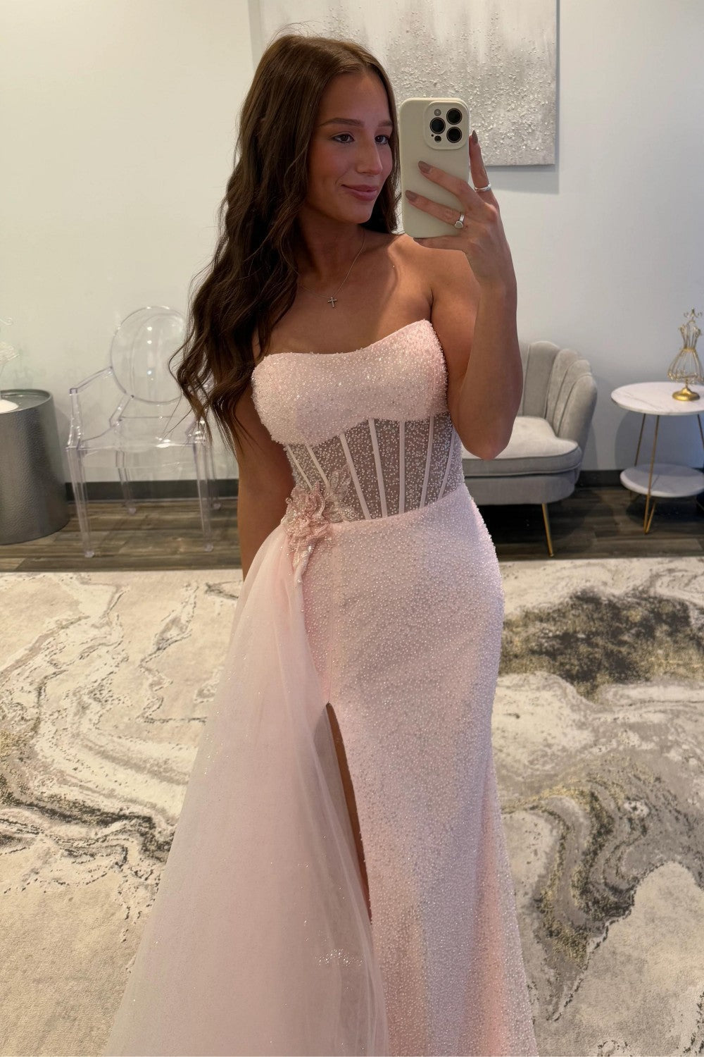 Sparkly Mermaid Strapless Pink Sequins Corset Prom Dress with Split Front