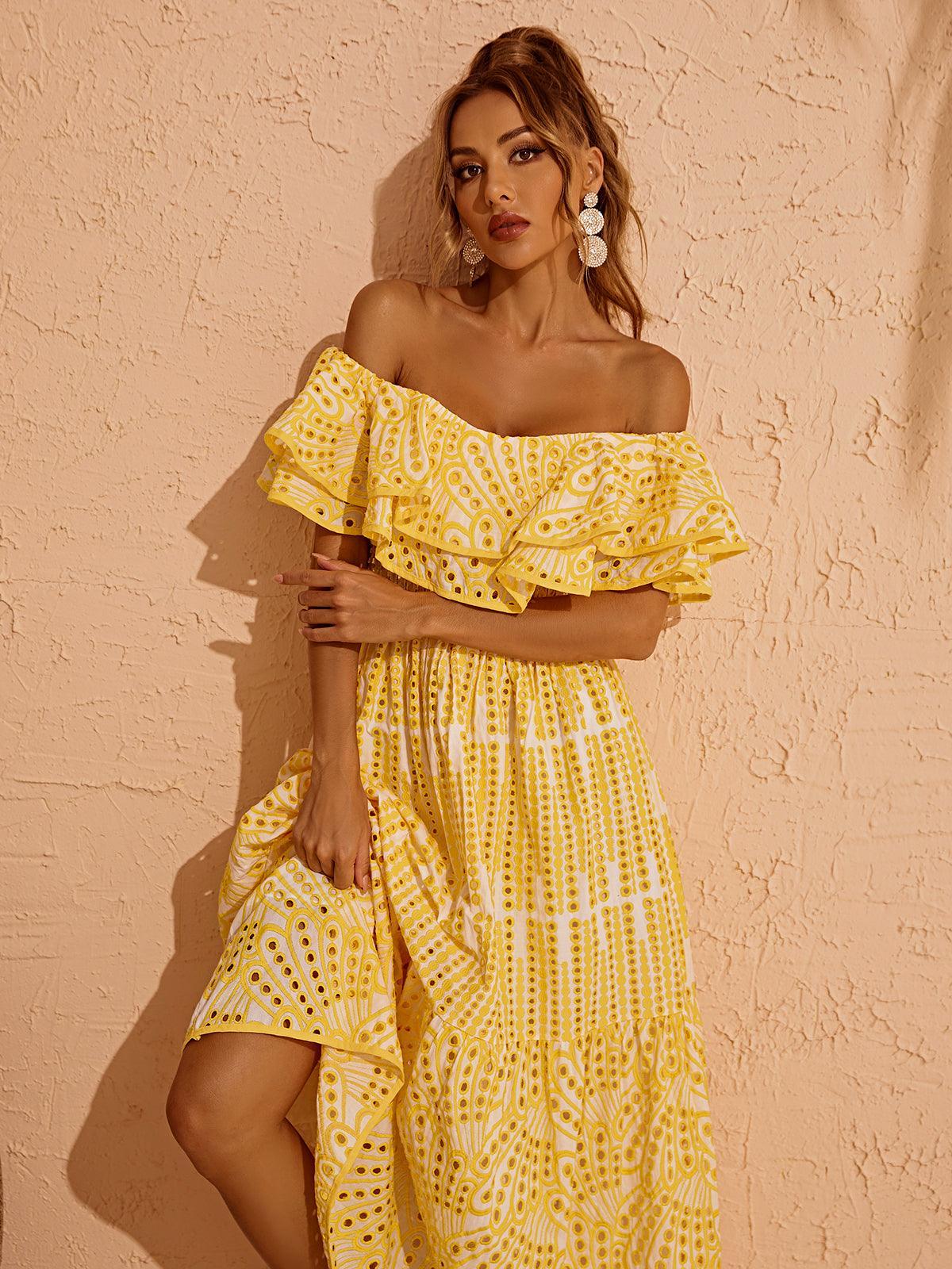 Soleil Off Shoulder Hollow Maxi Dress In Yellow