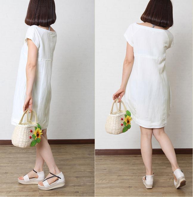 Solid white summer women linen dress plus size cotton sundress