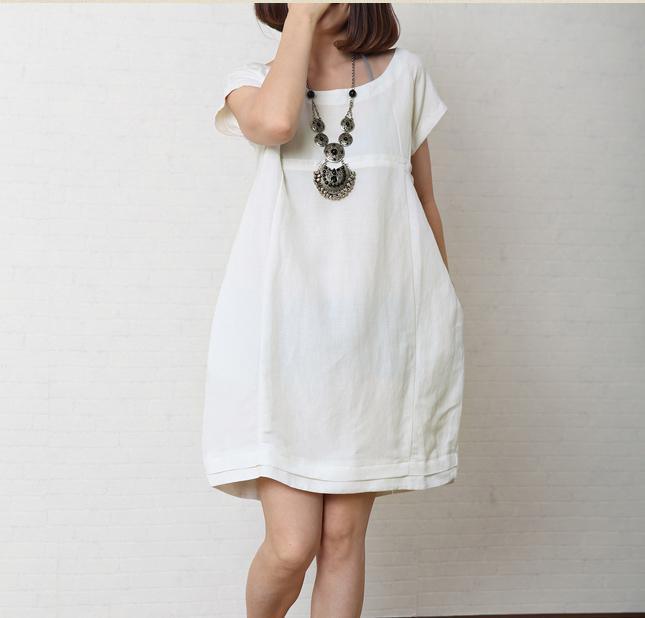 Solid white summer women linen dress plus size cotton sundress