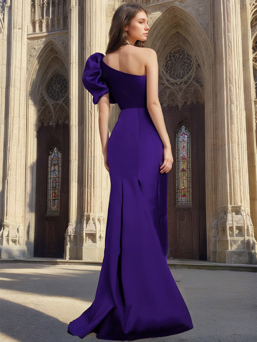 Sophisticated One Shoulder Asymmetrical Satin Gown for Bridal Mothers Featuring a Bow