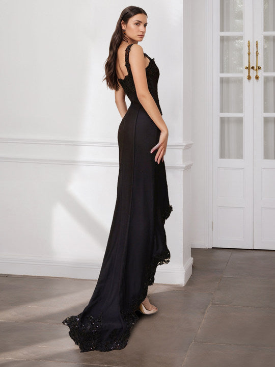 Spaghetti Strap A Line Mother of the Bride Dress with Asymmetrical Hem Side Split & Lace Sequin Detail