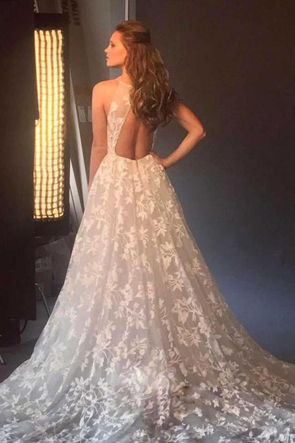 Spaghetti Strap A-line V-neck Boho Beach Wedding Dress