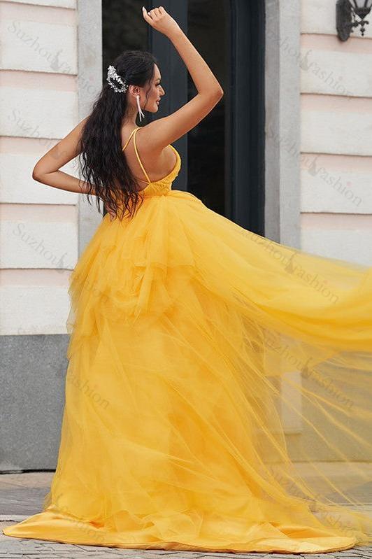 Spaghetti Strap Prom Dress V Neck Sleeveless Tulle Long Evening Formal Dress With Beadings