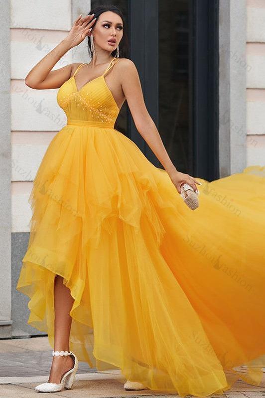 Spaghetti Strap Prom Dress V Neck Sleeveless Tulle Long Evening Formal Dress With Beadings