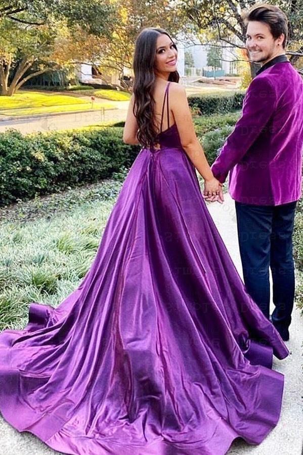Spaghetti Strap Purple Prom Dress V Neck Sleeveless A Line Evening Formal Dress With Front Split