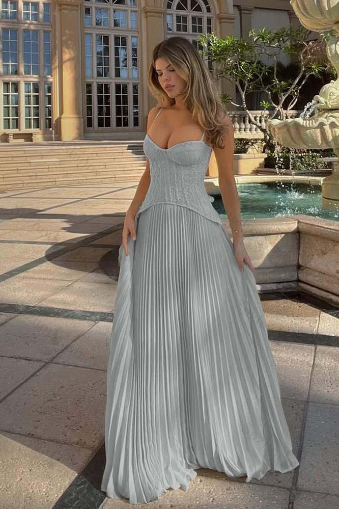 Spaghetti Strap Sleeveless Long Evening Formal Dress With Ruffled Embroidery