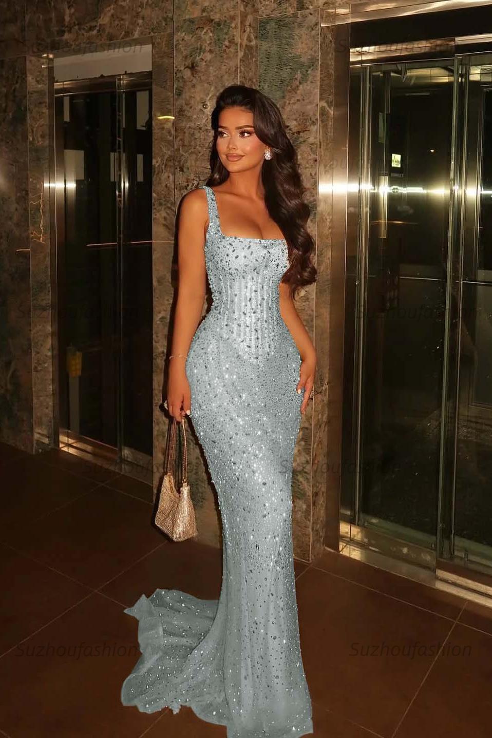 Spaghetti Strap Sleeveless Long Mermaid Evening Formal Dress With Beading