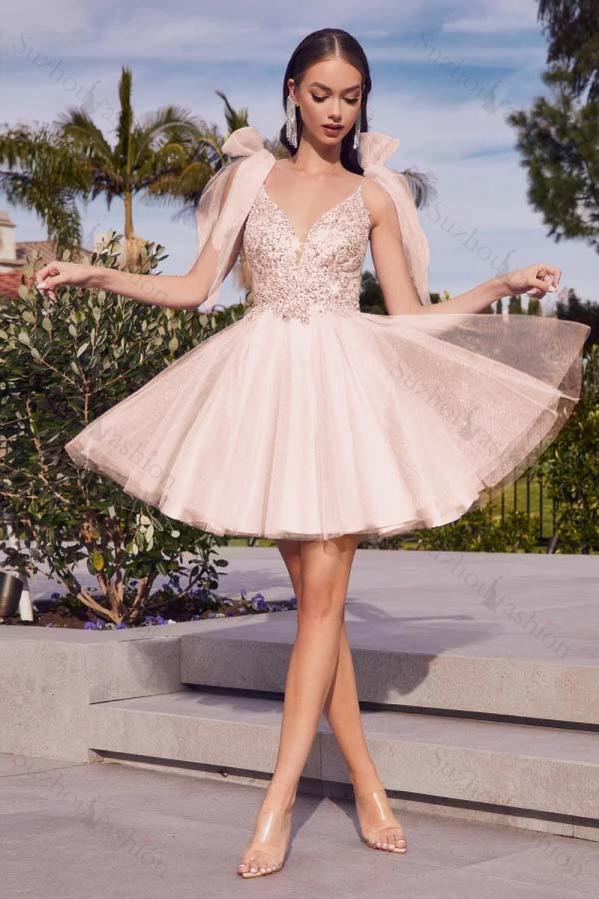 Spaghetti Strap Sleeveless Short Homecoming Dress With Appliques