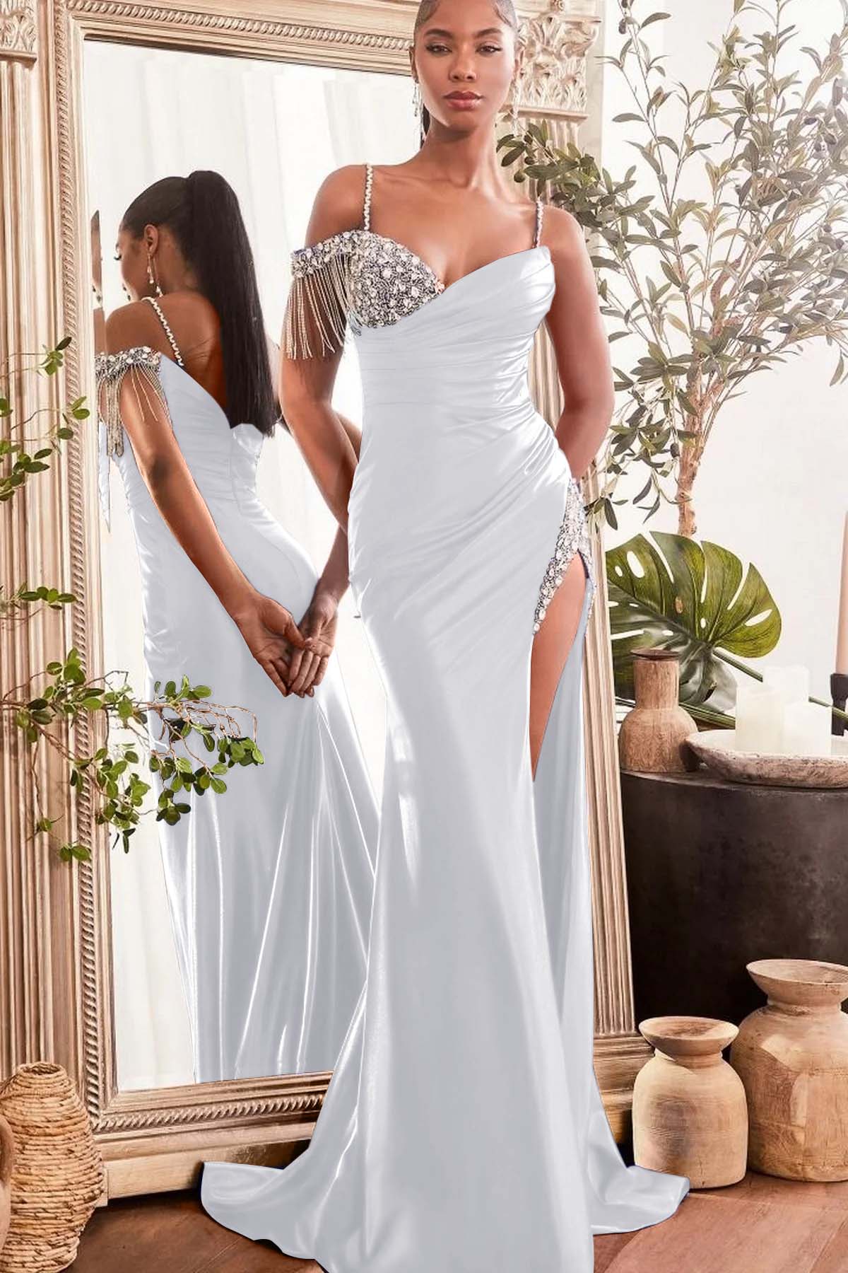 Spaghetti Strap Sleeveless Split Long Mermaid Evening Formal Dress With Beading