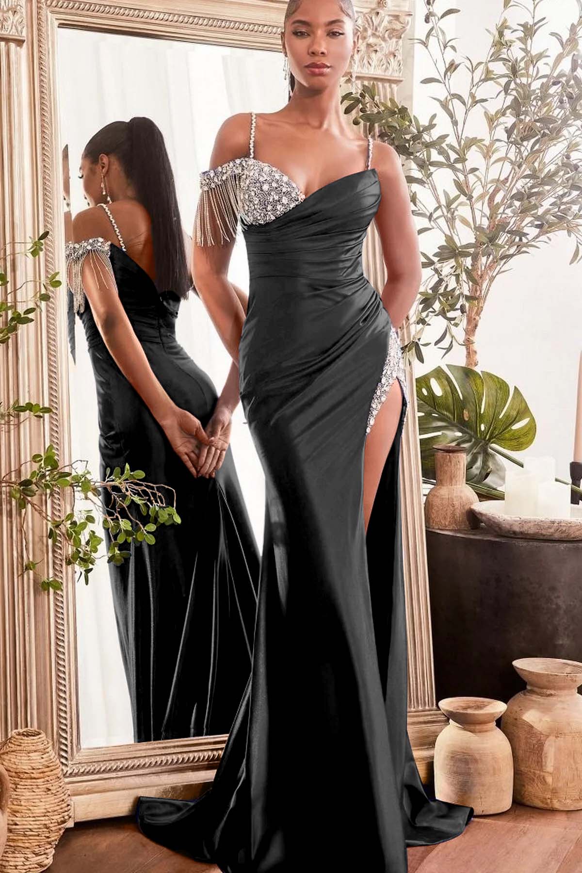 Spaghetti Strap Sleeveless Split Long Mermaid Evening Formal Dress With Beading