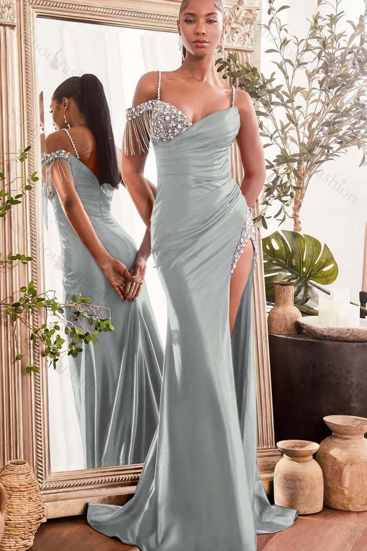 Spaghetti Strap Sleeveless Split Long Mermaid Evening Formal Dress With Beading