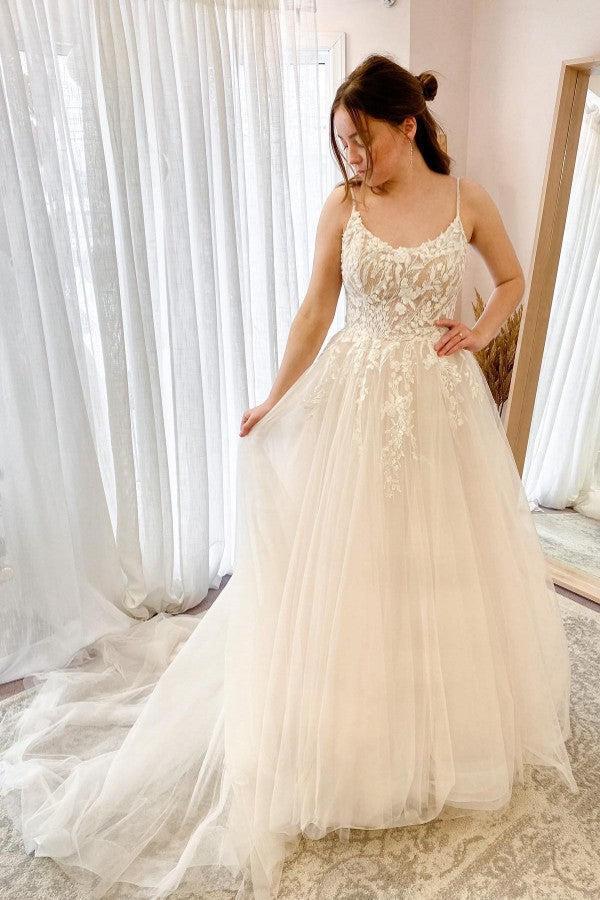 Spaghetti Strapes Floral Lace Aline Long Wedding Dress