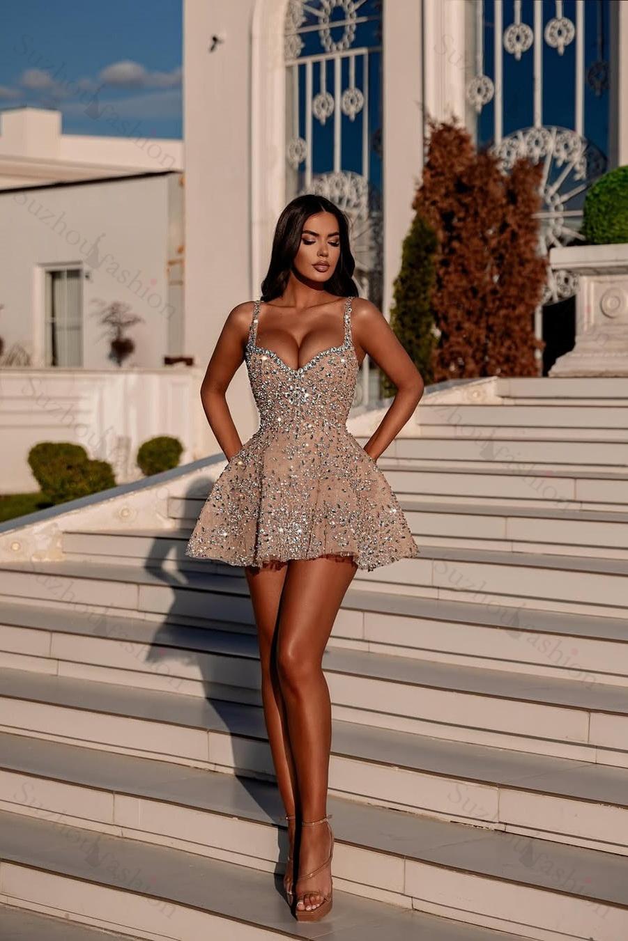 Spaghetti Straps A Line Homecoming Dress Beaded Short Cocktail Dress