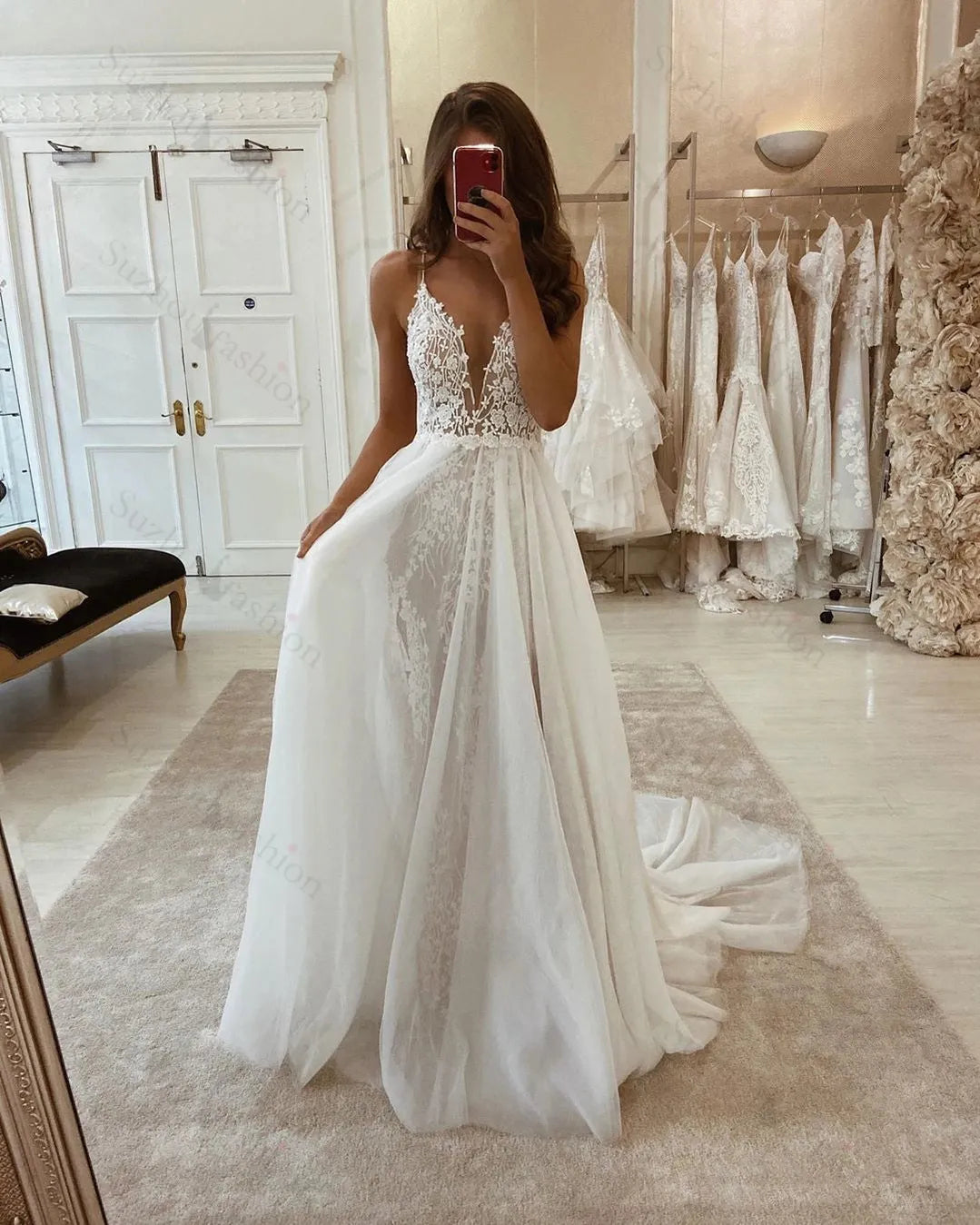 Spaghetti Straps Beach Wedding Dress A Line Tulle Beach Bridal Dress with Lace Appliques