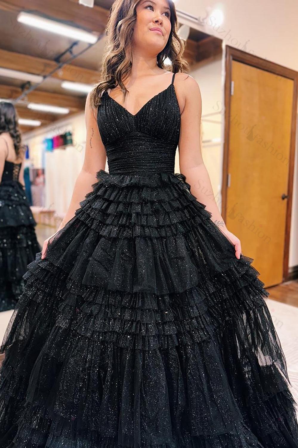 Spaghetti Straps Black Prom Dress Ruffled Long Formal Dress