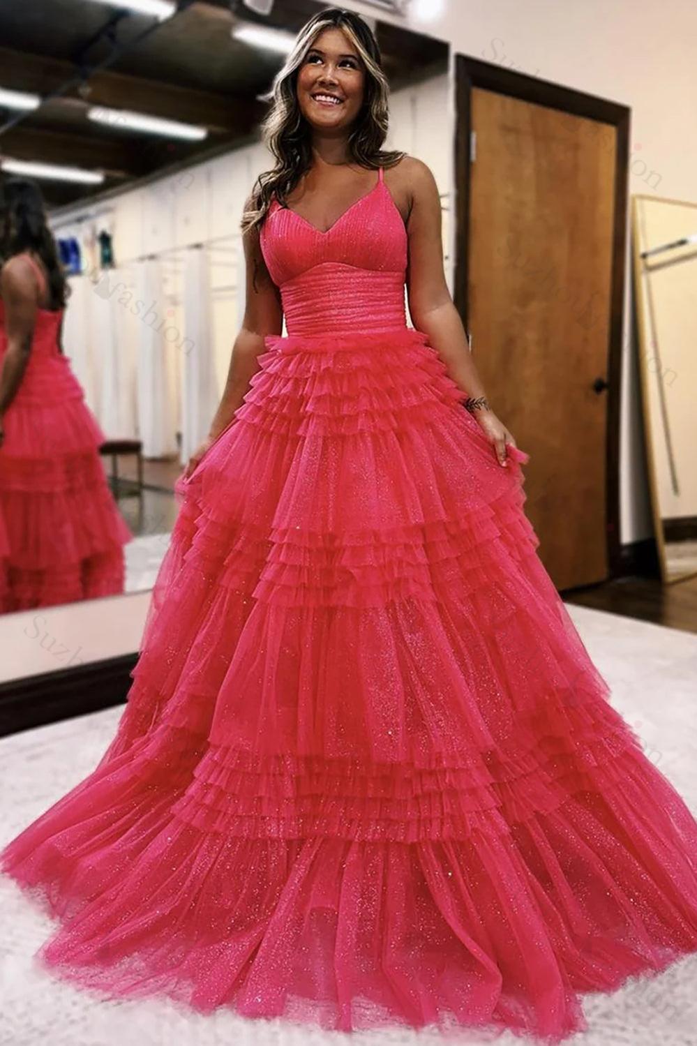 Spaghetti Straps Black Prom Dress Ruffled Long Formal Dress