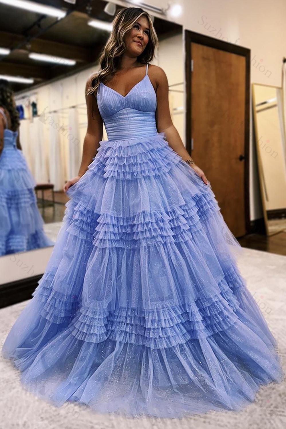 Spaghetti Straps Black Prom Dress Ruffled Long Formal Dress