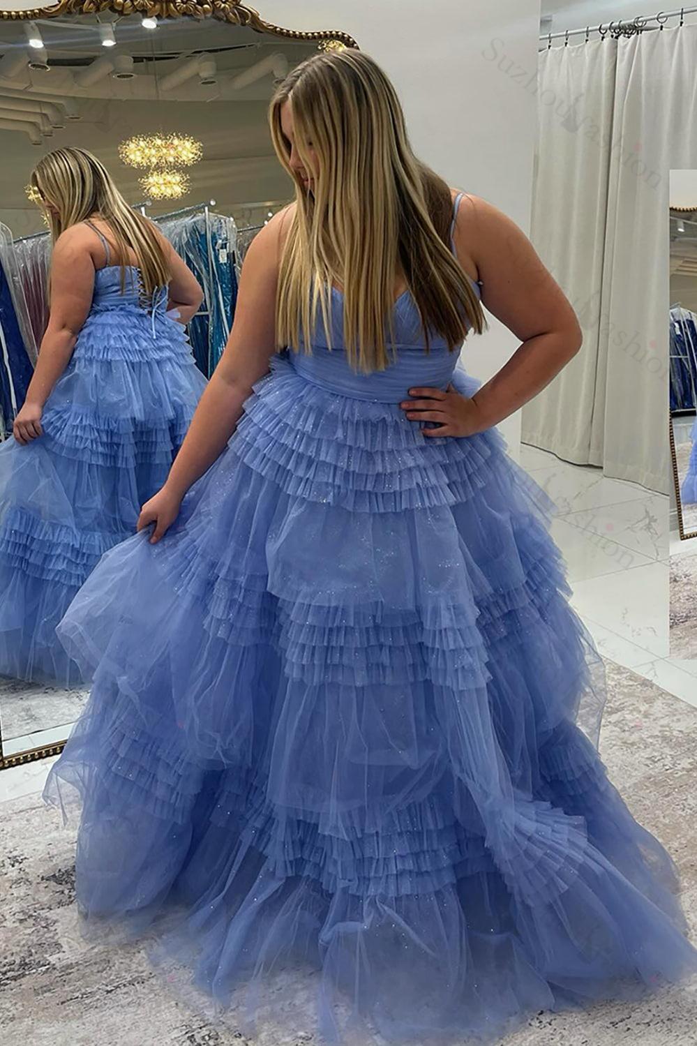 Spaghetti Straps Black Prom Dress Ruffled Long Formal Dress