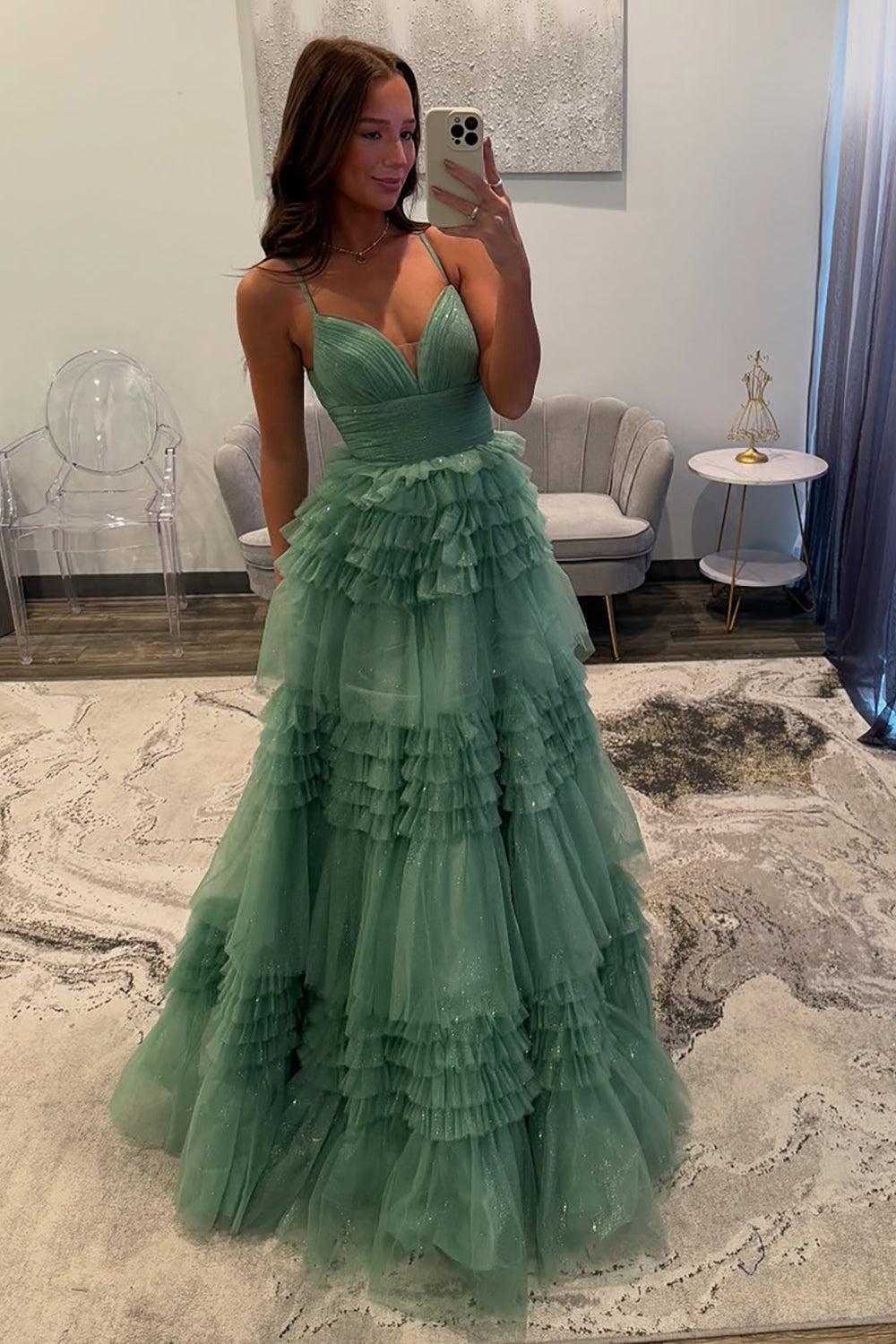 Spaghetti Straps Black Prom Dress Ruffled Long Formal Dress