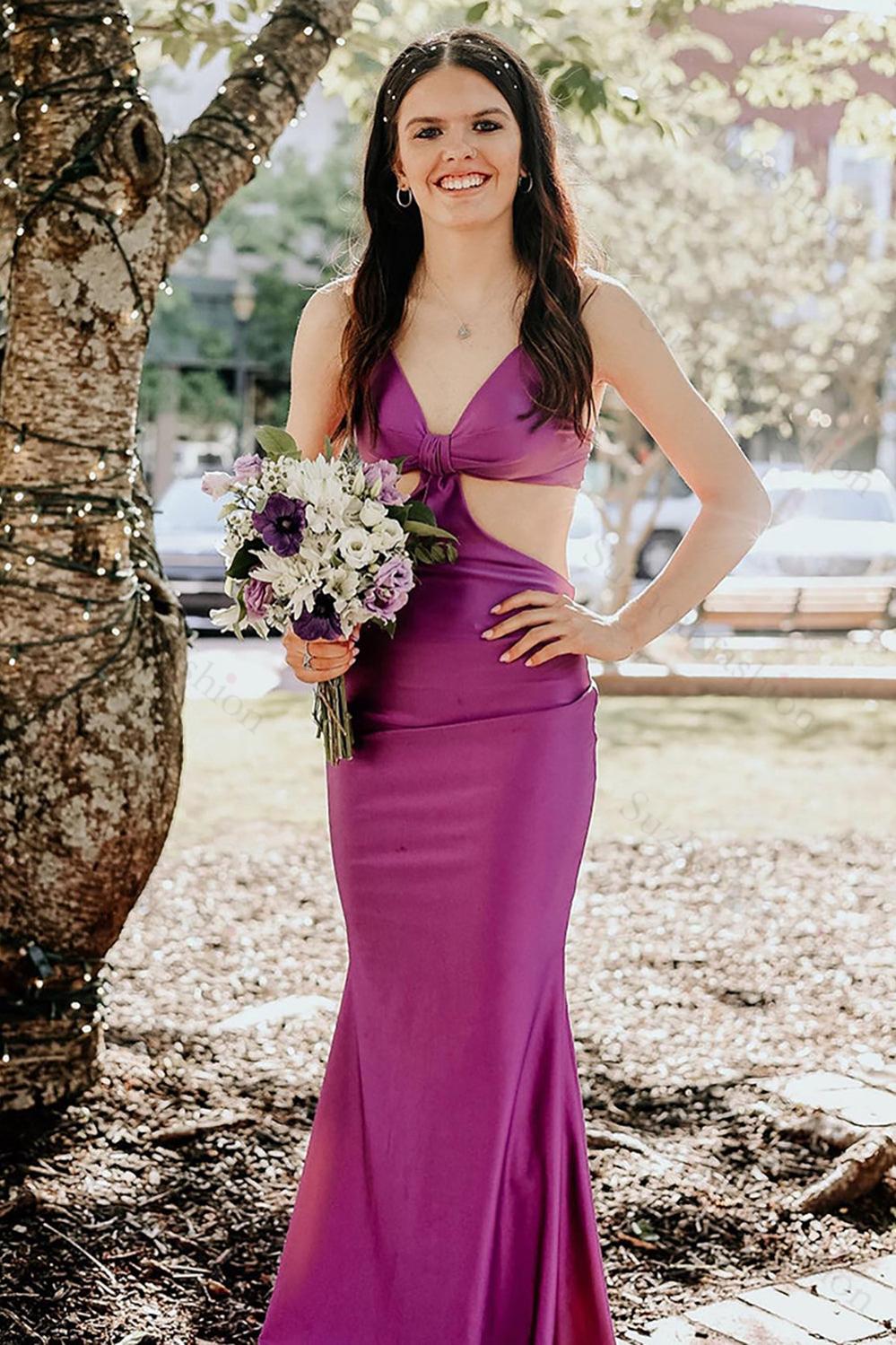 Spaghetti Straps Cut Out Fuchsia Prom Dress Long Formal Dress With Slit