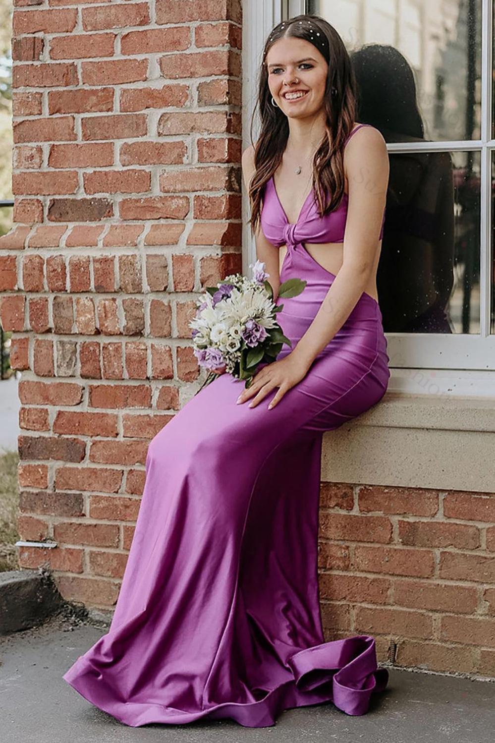 Spaghetti Straps Cut Out Fuchsia Prom Dress Long Formal Dress With Slit