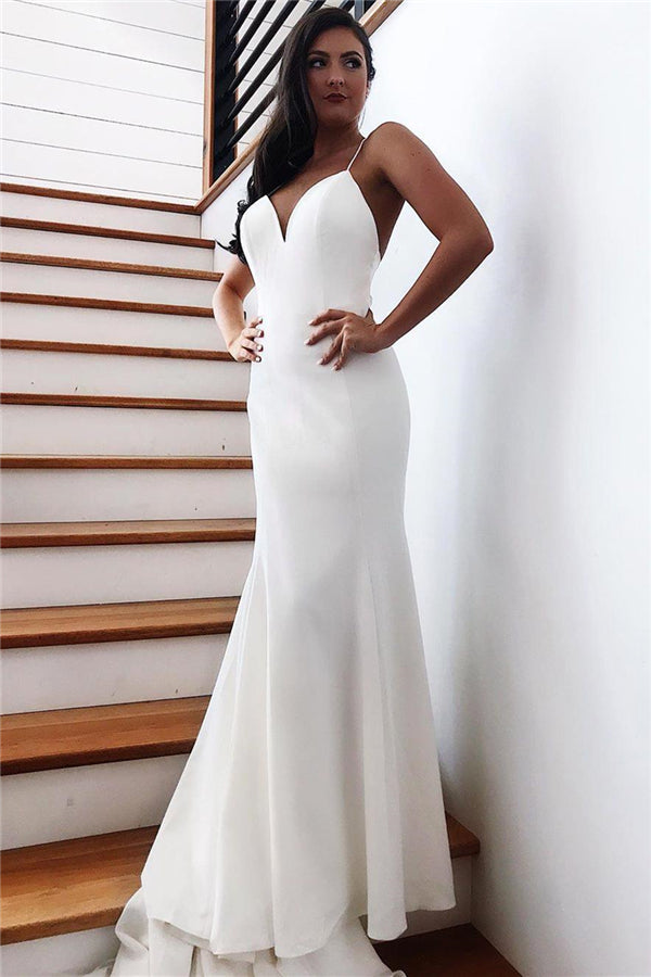 Spaghetti-Straps Fascinating Backless Mermaid Beach Wedding Dresses