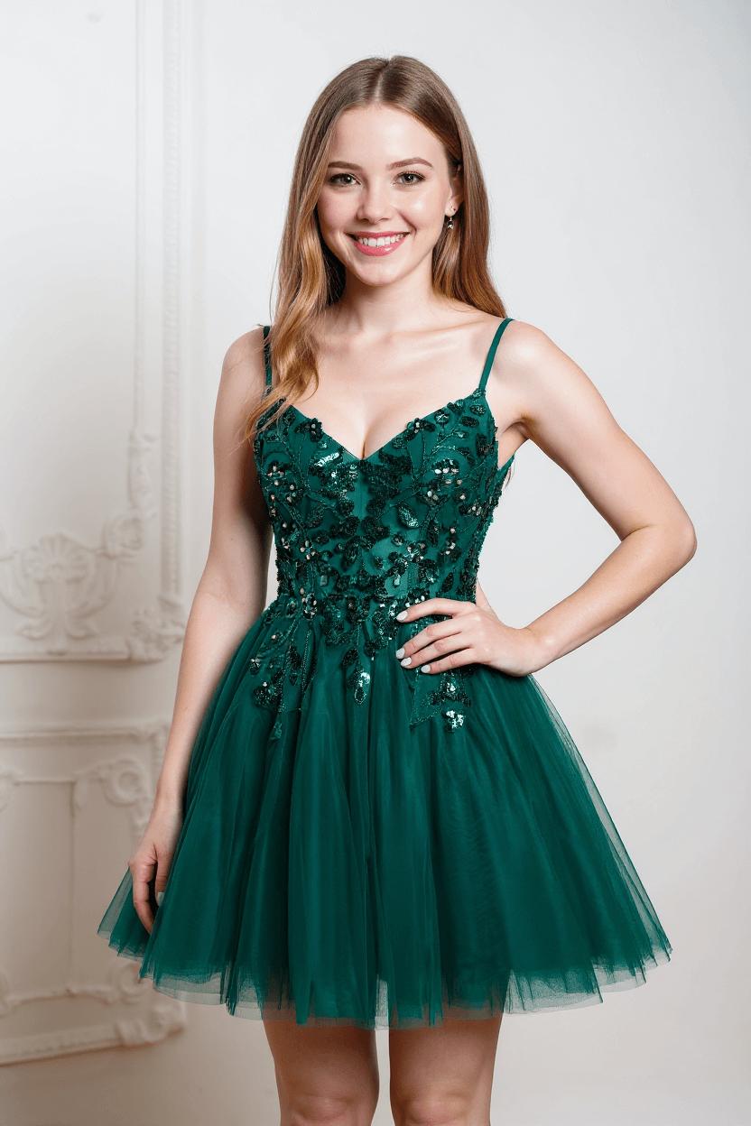 Spaghetti Straps Homecoming Dresses Sequin A Line Tulle Short Cocktail Dresses