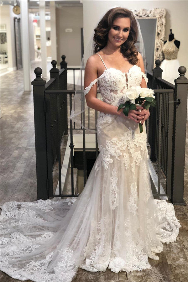 Spaghetti Straps Lace Mermaid Beach Wedding Dresses | Delicate Appliques Beach Bridal Dresses