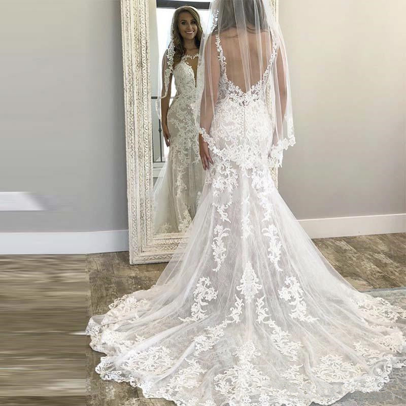 Spaghetti Straps Lace Mermaid Wedding Dresses | Open Back Bridal Gowns Online