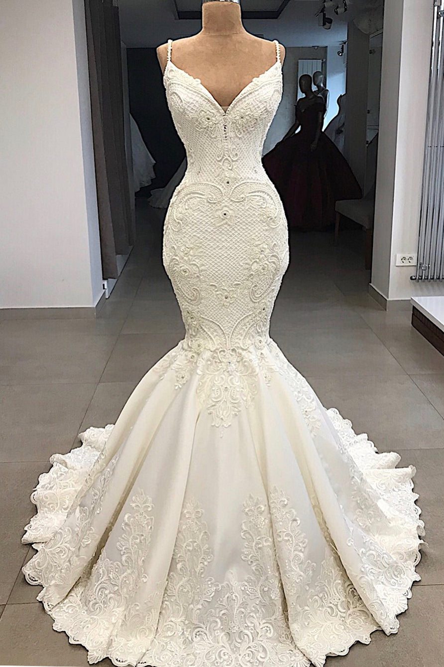 Spaghetti Straps Lace Mermaid Wedding Dresses Overskirt |  Appliques Detachable Satin Backless Bridal Gowns  BC0776