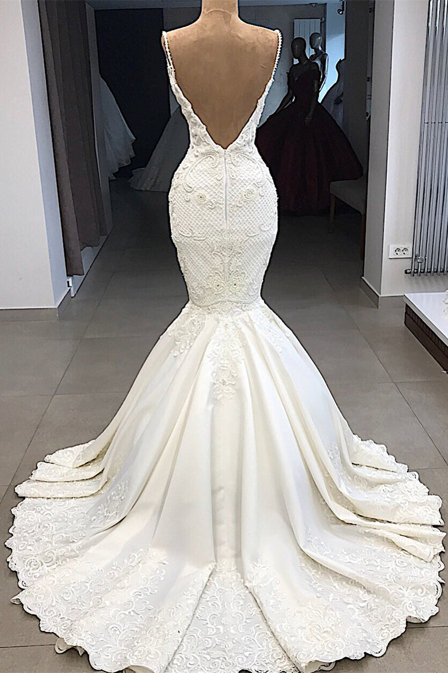 Spaghetti Straps Lace Mermaid Wedding Dresses Overskirt |  Appliques Detachable Satin Backless Bridal Gowns  BC0776