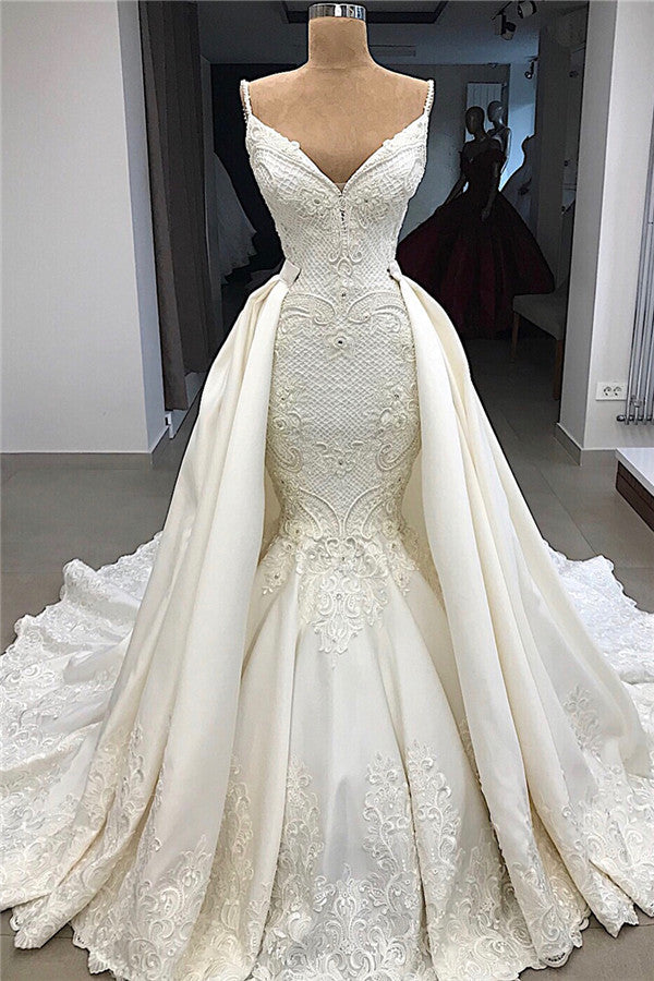 Spaghetti Straps Lace Mermaid Wedding Dresses Overskirt |  Appliques Detachable Satin Backless Bridal Gowns  BC0776