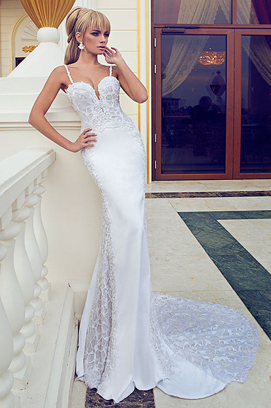 Spaghetti Straps Mermaid Lace Wedding Dresses  Open Back Court Train Bridal Gowns BA6459